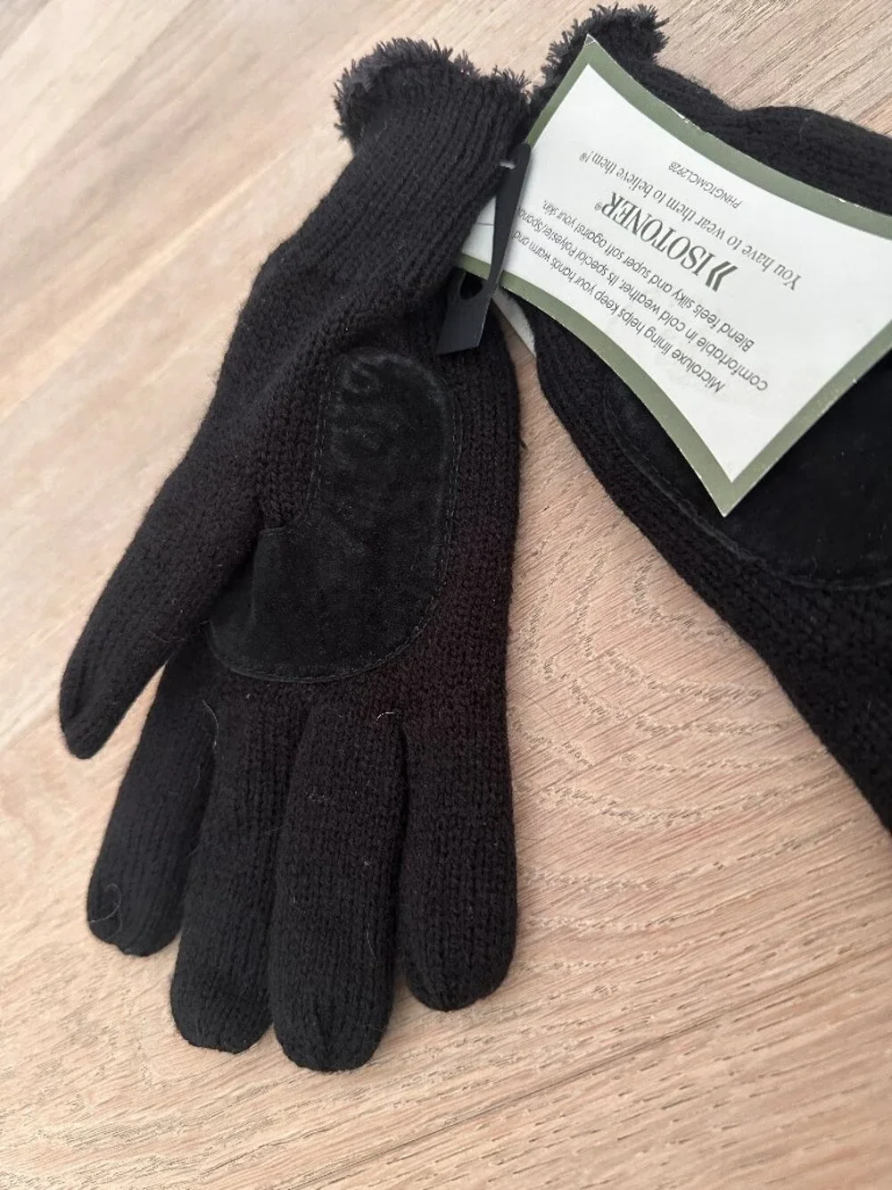Isotoner Black Knit Gloves with Suede Details - Picture 3 of 4